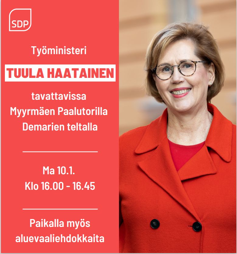 Työministeri Tuula Haatainen Paalutorilla ma 10.1. klo 16.00- 16.45